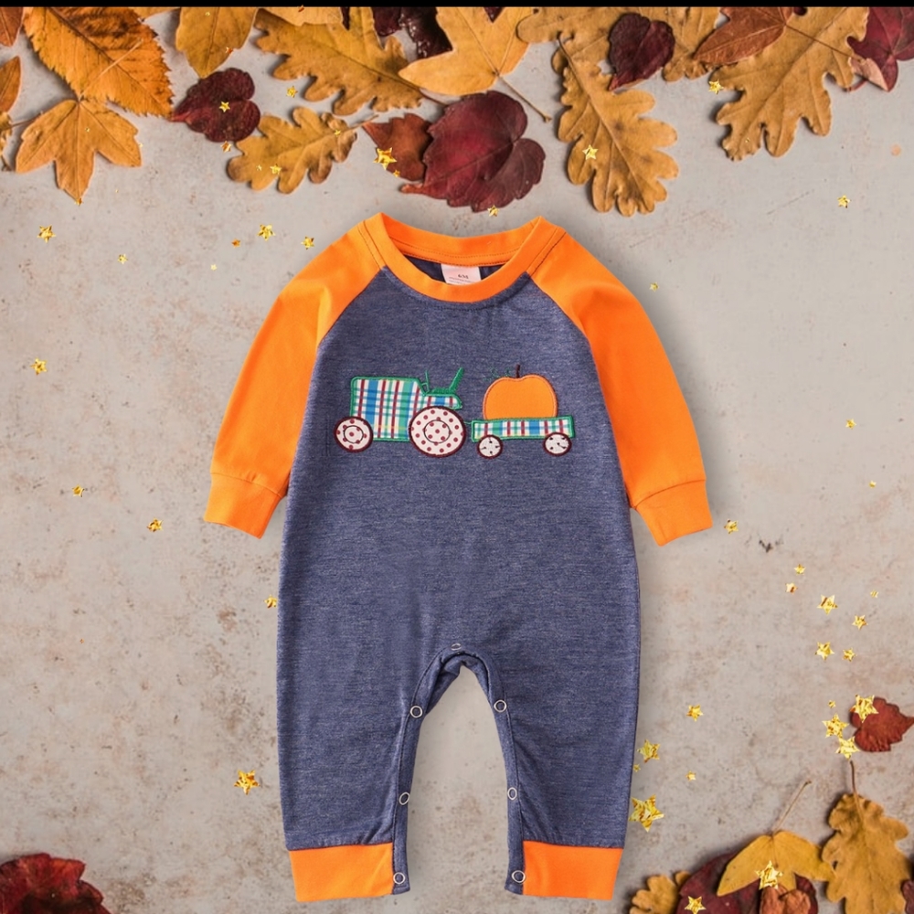Children’s Thanksgiving One Piece | Navy Pumpkin Train Baby Romper 3m